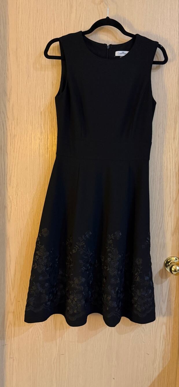 Calvin Klein Black Floral Embroidered Fit & Flare Midi Dress Size 6